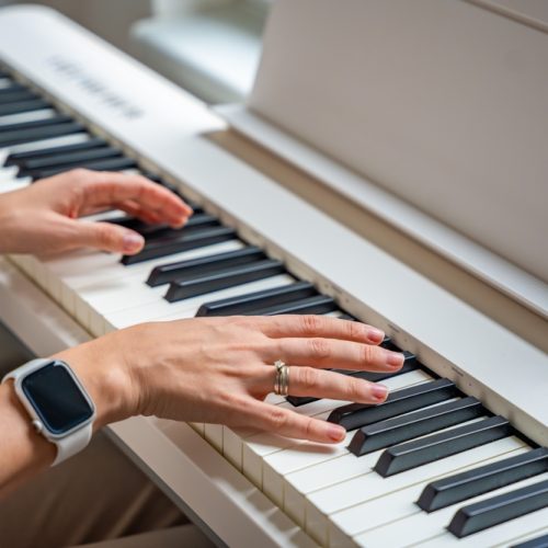 Closeup,Woman's,Hand,Playing,Piano.,Concept,Of,Home,Lesson,Of